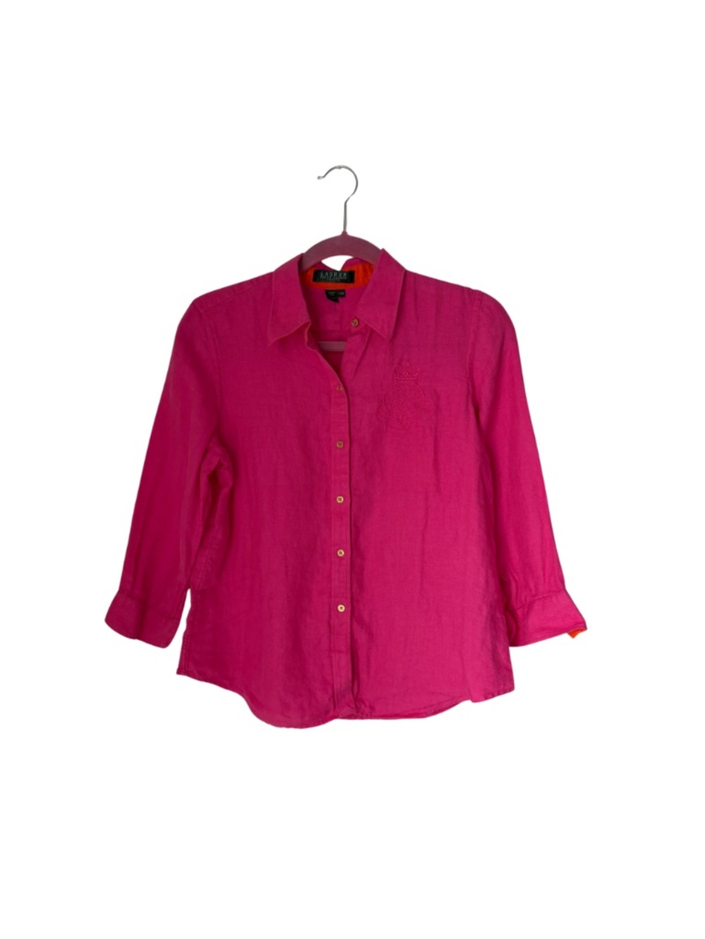 Lauren Ralph Lauren Womens Hot Pink 100% Linen Button Down Shirt Crest Petite M